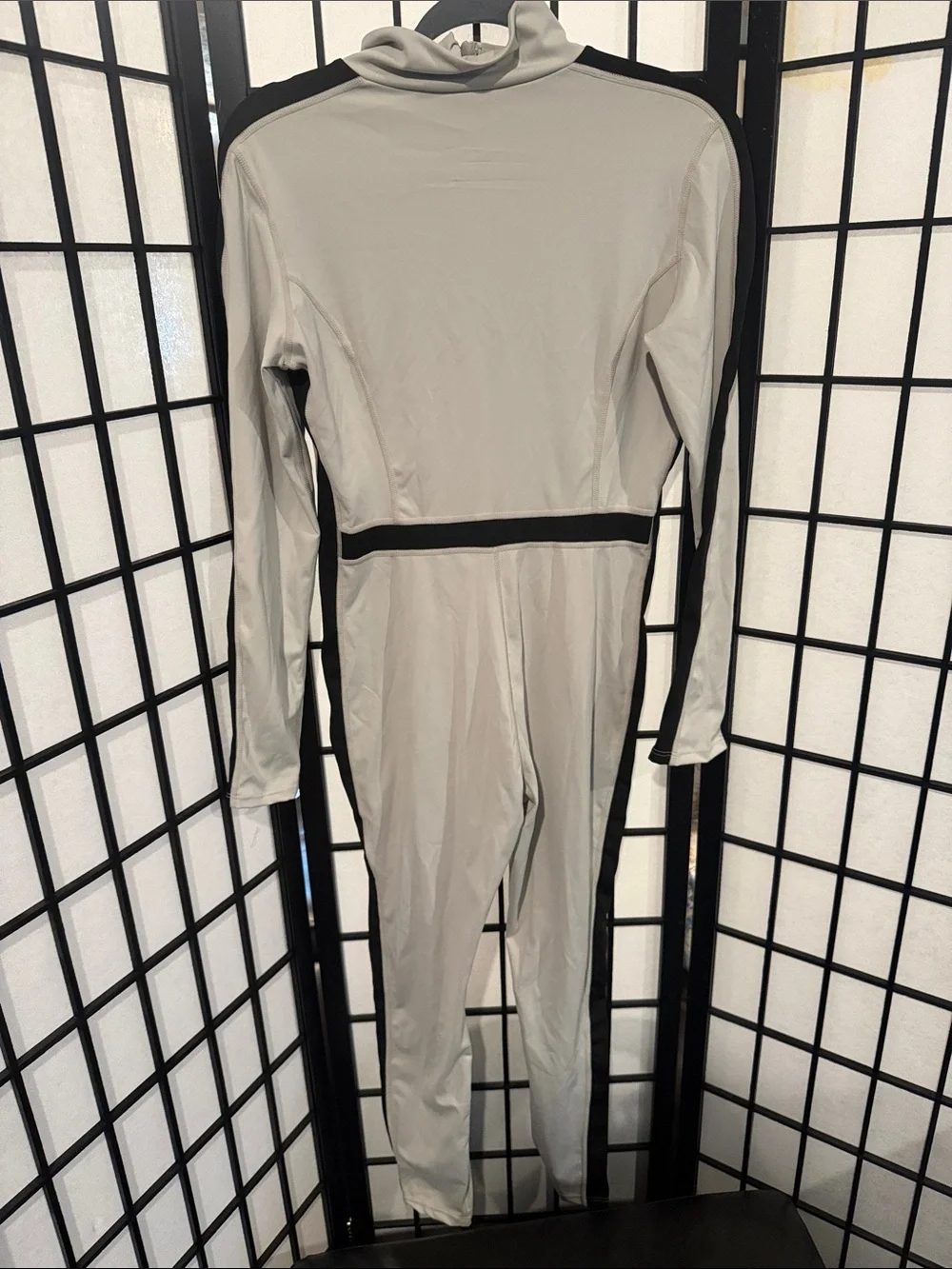 Women's Light Gray Long-Sleeve Jumpsuit with Black Trim